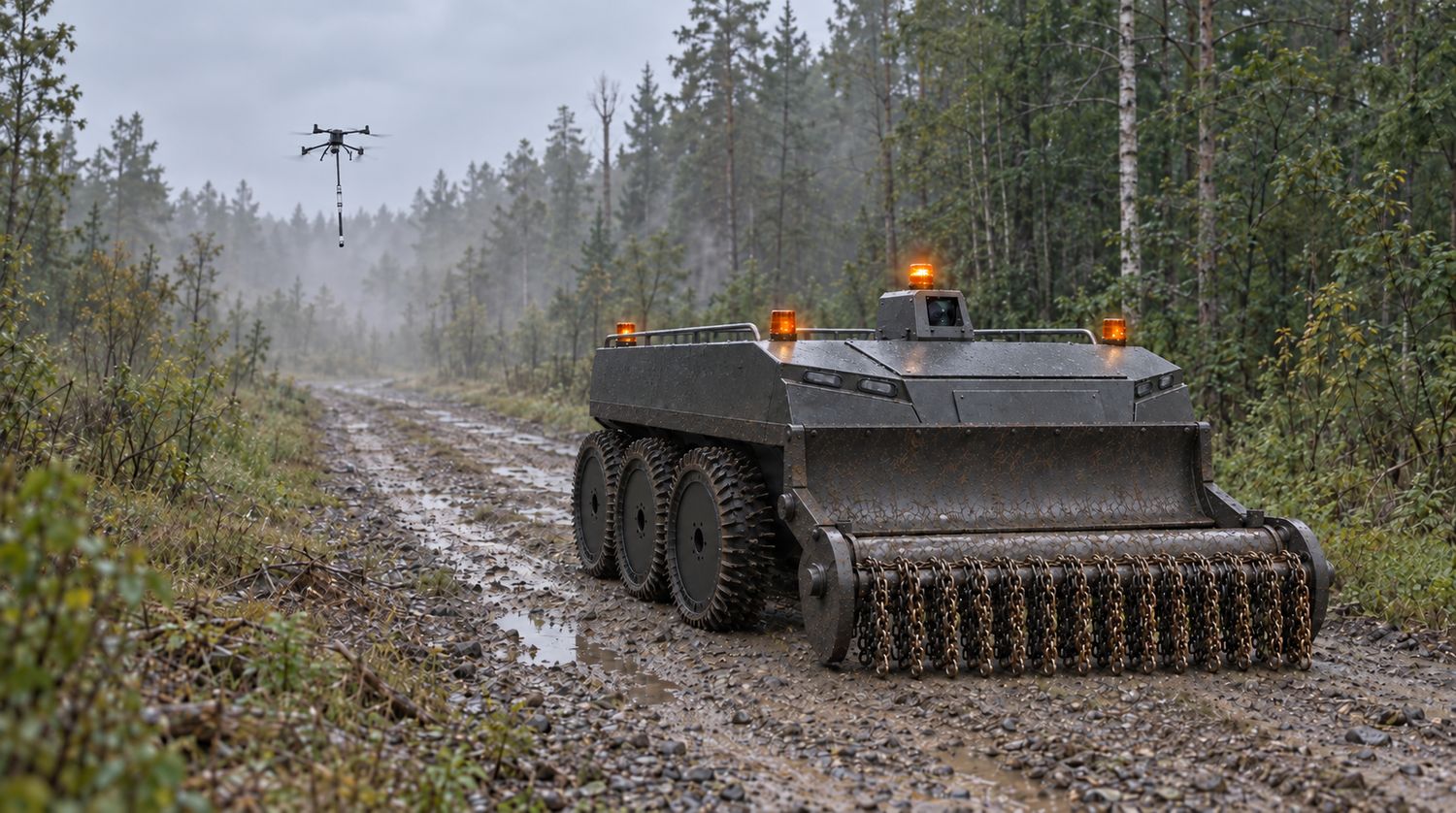 Ground machine and aircraft on a forest track